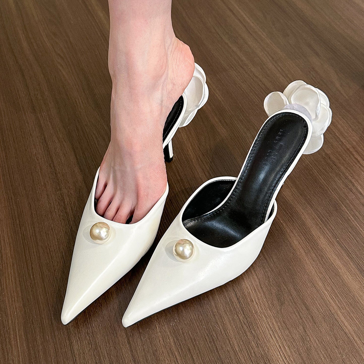 Women's Pointed Pearl High Heel Mules – Half Slippers