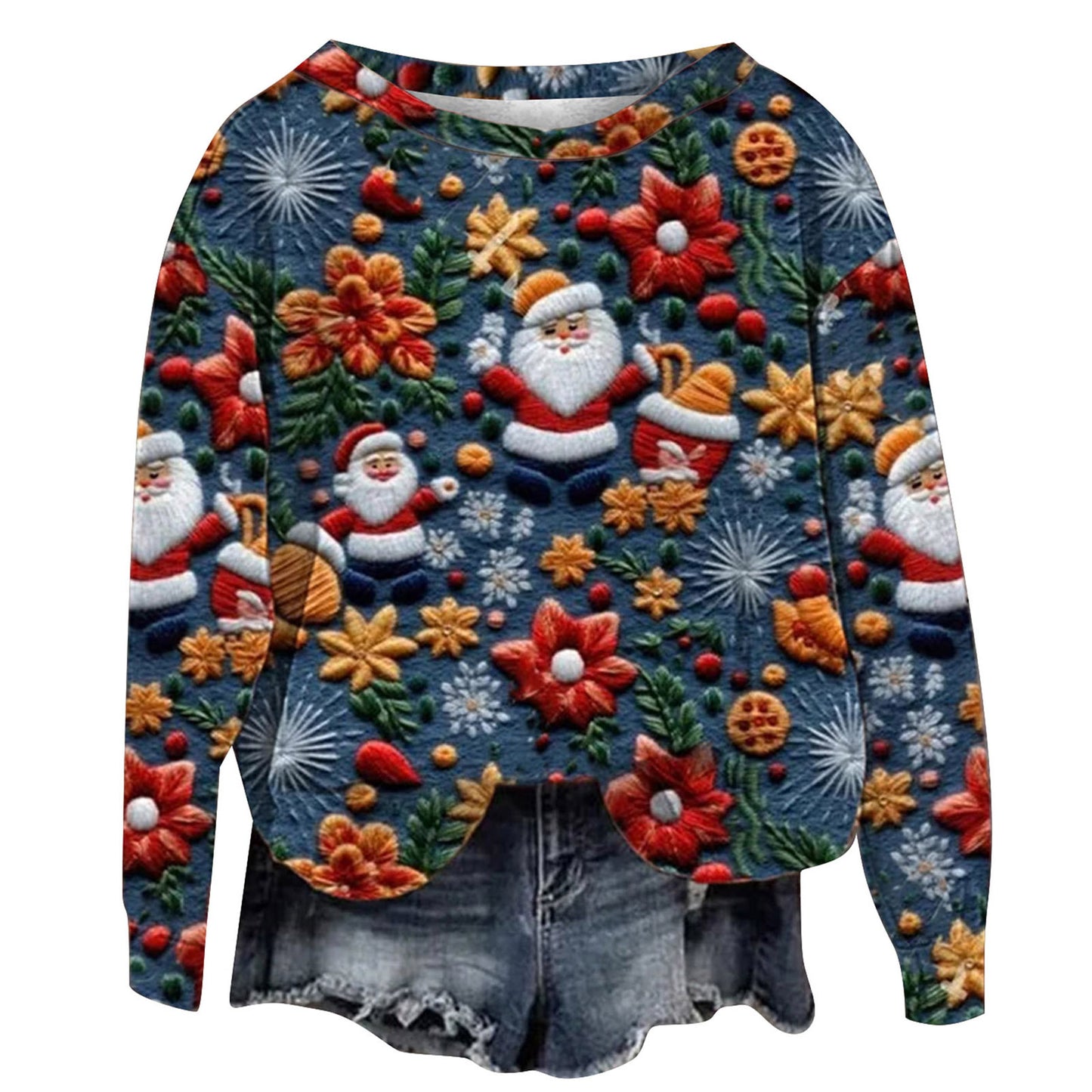 Autumn And Winter 3D Digital Printing Christmas Round Neck Top