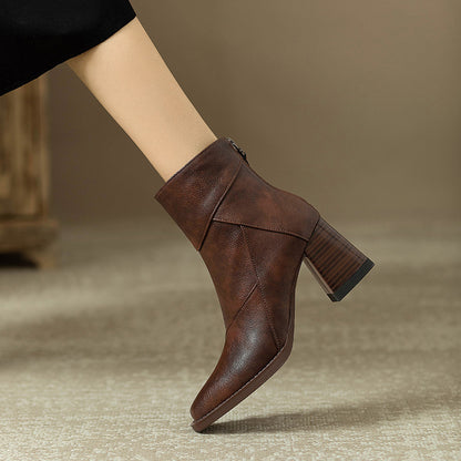 Women's Retro Brown British Style Chunky Heel Boots