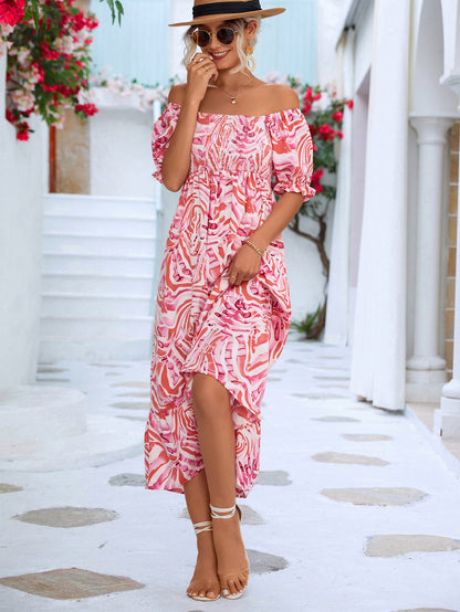 Women's Off-shoulder Smocking Printed Dress