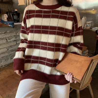 Retro Plaid Striped Sweater for Women, Loose Fit Autumn and Winter Wear