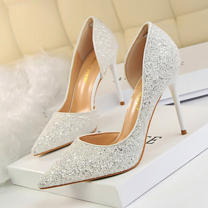 Skinny Women's Stiletto Heels with Pointed Toe, Side Hollow-out, and Sequin Accents