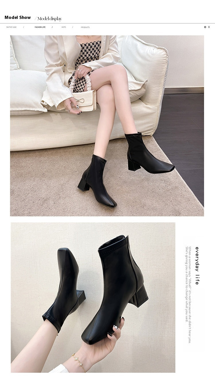 Chunky Heel Short Boots with Square Toe and Back Zip, European and American Style