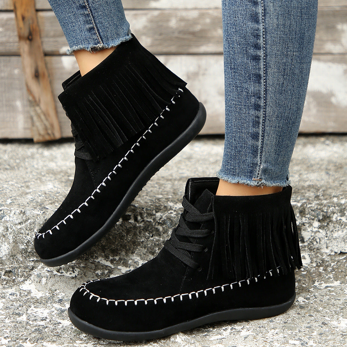 Plus-Size Women's Tassel Lace-Up Booties – Stylish and Comfortable