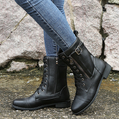 Women's Solid Color Lace-Up Low Heel Mid-Calf Boots