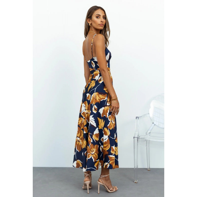 Fashionable Long Floral Drawstring Dress