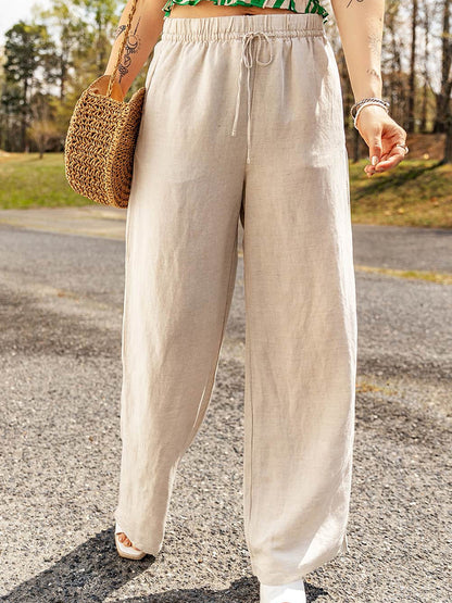 Women's Summer Casual Solid Color Drawstring Wide-leg Pants