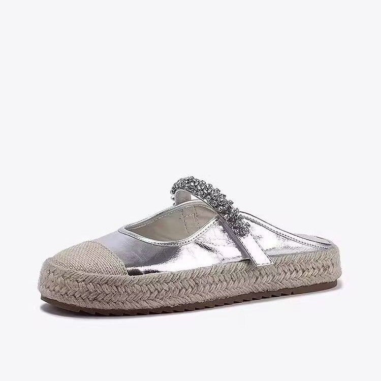 Summer Flat Round Toe Rhinestone Straw Woven Casual Half Slippers