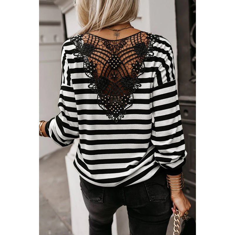 Contrast Striped Pullover Knit Top with Back Lace Detail