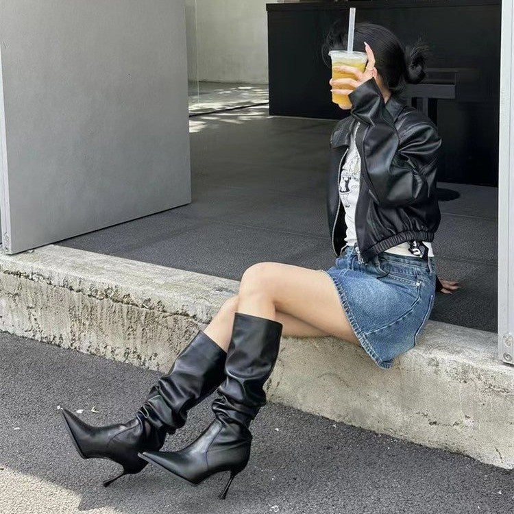 European and American Style Pointed Toe Pleated High Boots