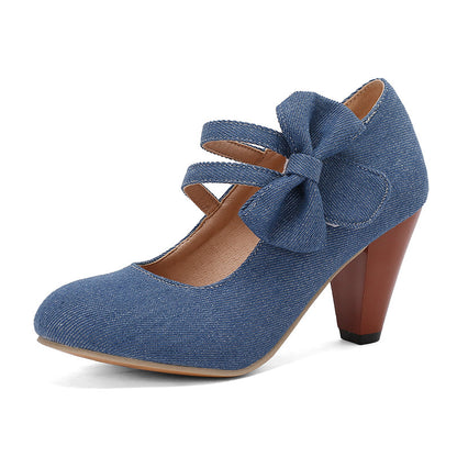 Round Toe High Heels with Denim Bow