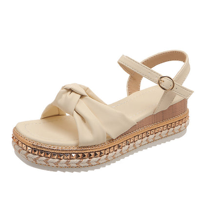 Fashion Flat Open Toe Sandals with Hemp Rope, Buckle, and Cross Bow