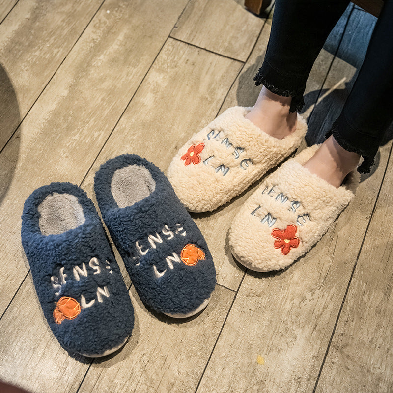 Cute Flower Fleece Slippers for Women – Winter Warm, Non-Slip Plush Bedroom Floor Slippers