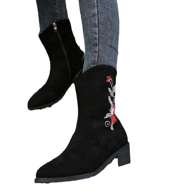 New Women's Mid-Calf Embroidered Boots