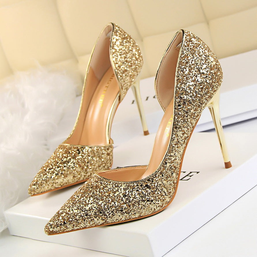 Skinny Women's Stiletto Heels with Pointed Toe, Side Hollow-out, and Sequin Accents