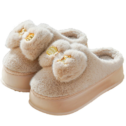 Women's Winter Bowknot Plush Thick-Soled Cotton Slippers