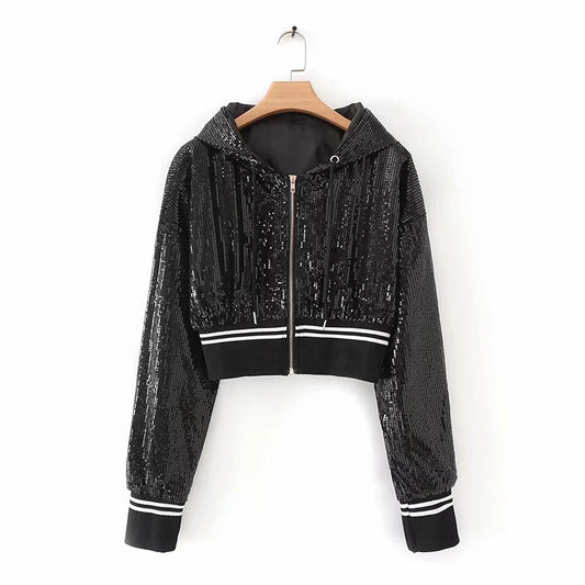 Black And Silver Women's Coat Sequins Zipper Sweet Long-sleeved Short Coat Women