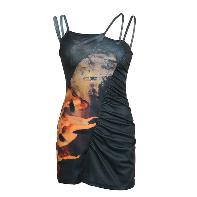 Abstract Print Halter Dress Retro Pumping Pleated Thin Spicy Girl Dress