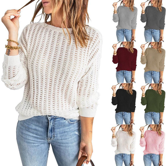 Knitted Sweater Top with Crew Neck Cutout - Women's Fashion