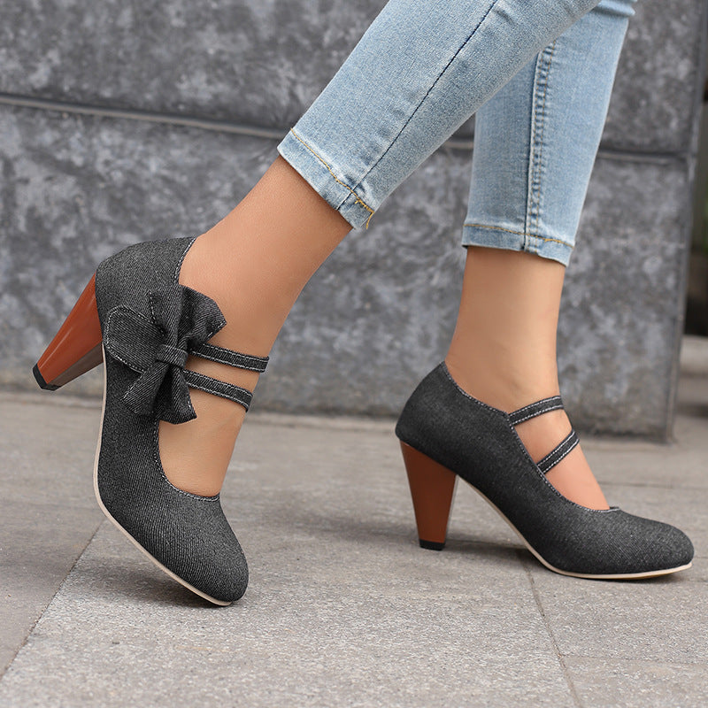 Round Toe High Heels with Denim Bow