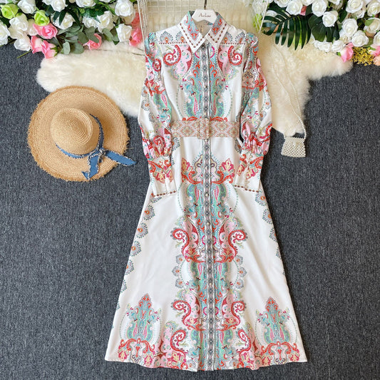 Single-breasted Long Palace Style Printed Dress With Belt