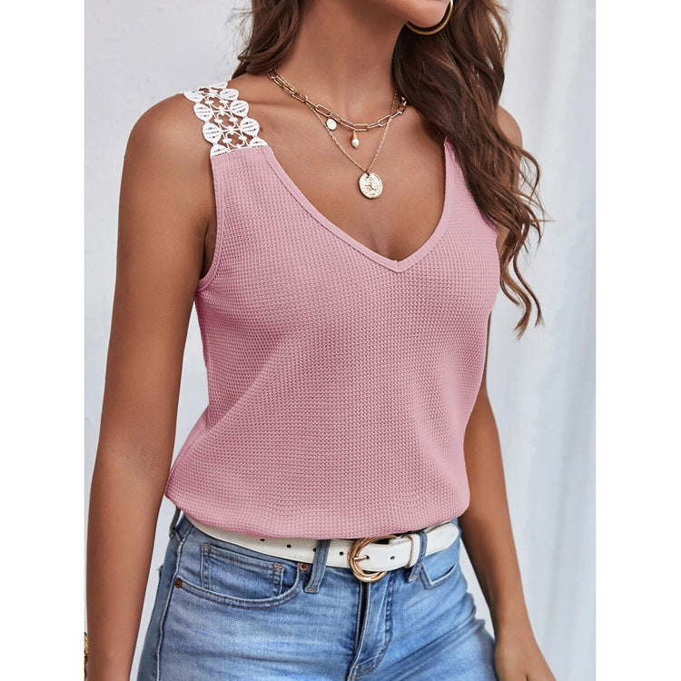 Waffle V-Neck Vest Sleeveless Lace Tank Shirt Tops