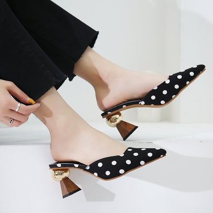 Square Toe Polka Dot Slippers with Thick High Heels and Round Buckle for Women