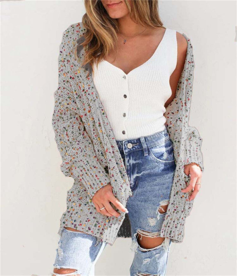 Color Dot Cardigan Long Sleeve Pocket Sweater