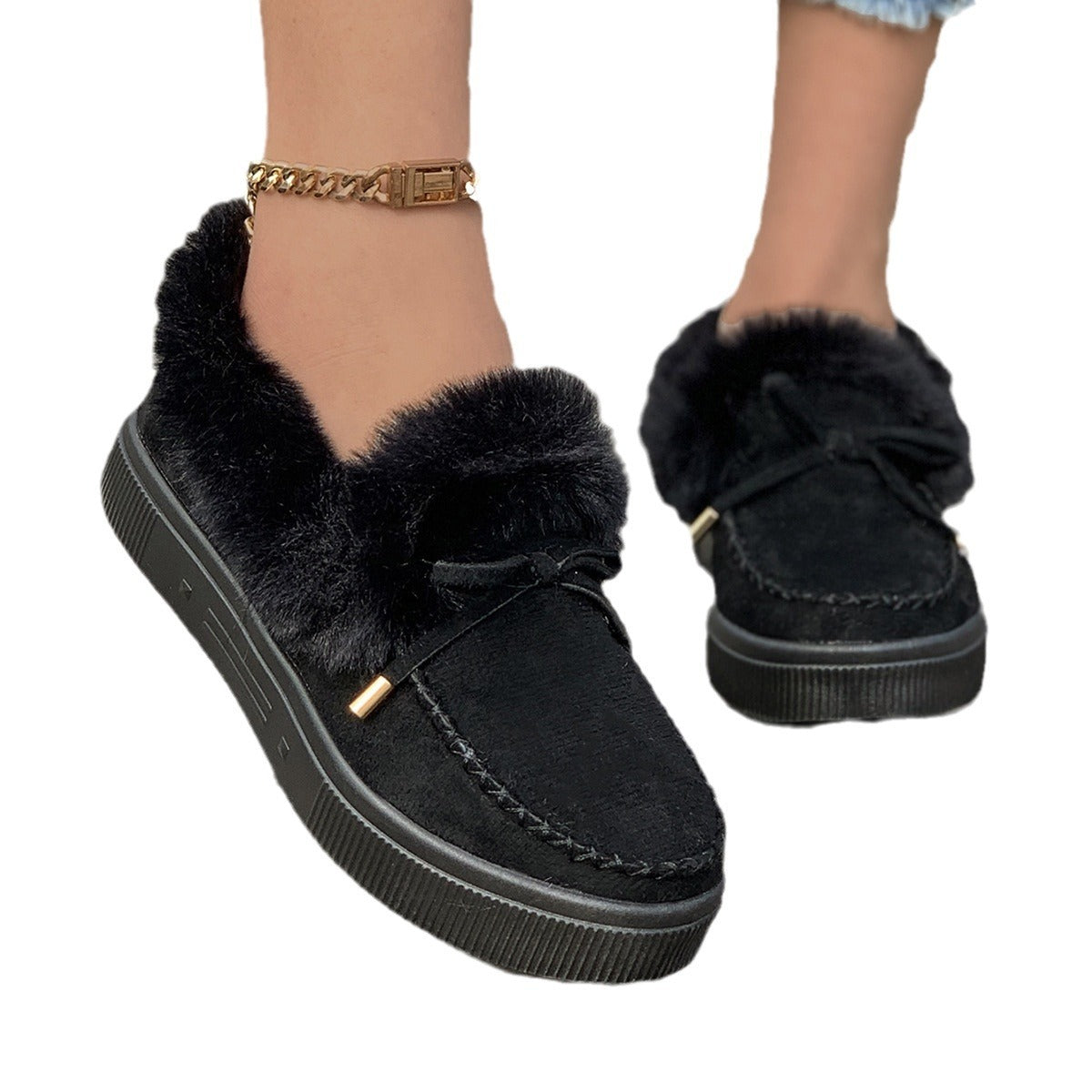 Women's Winter Round Toe Thick-Soled Velvet-Lined Warm Cotton Shoes