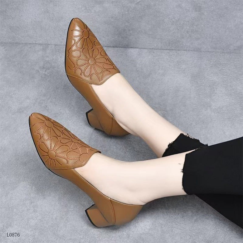 Soft Bottom Pointed Toe Pumps Women's Mid Heel Shoes