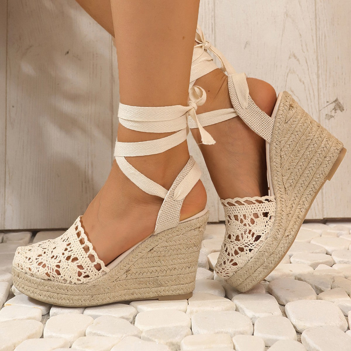 Women's Lace-Up Straw Woven Wedge High Heel Sandals