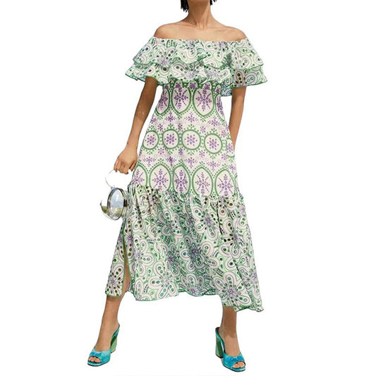 Bohemian Off-Shoulder Dress with Ruffled Slit for Women