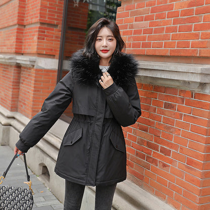 Thickened Parka with Big Fur Collar – Loose, Cotton-Padded, and Fleece-Lined for Warmth