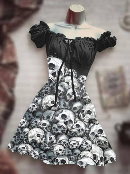 Halloween 3D Skull Print Women's Short Sleeve A- Line Skirt