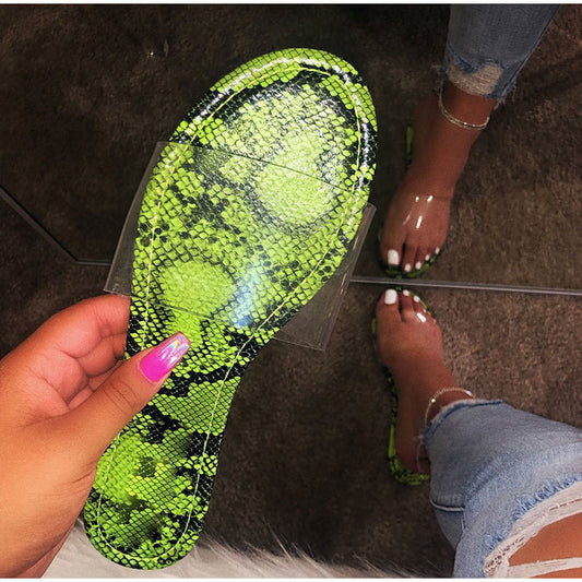 Summer Flat Slippers for Women with Fluorescent Snake Pattern and Transparent Design