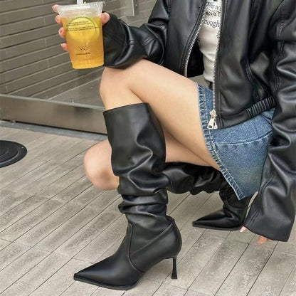 European and American Style Pointed Toe Pleated High Boots