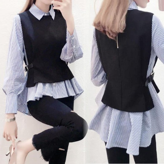 Women's Simple Waistcoat Striped Long Sleeve Shirt Set