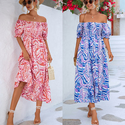 Women's Off-shoulder Smocking Printed Dress