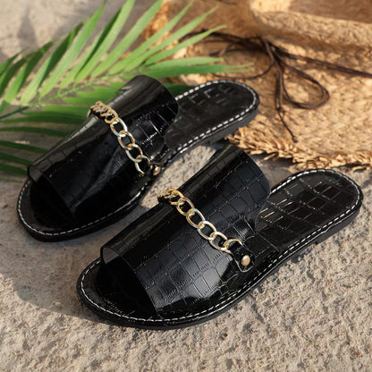 Summer Beach Slippers: Women's Casual Fish Mouth Flat Slides with Patterned Chains