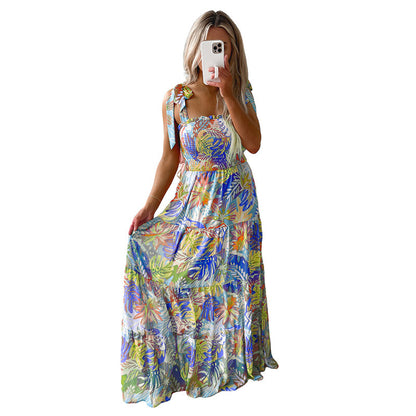 Casual Pleating High Waist Print Dress