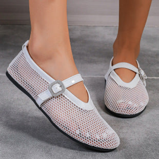 Round Head Rhinestone Buckle Mesh Hollow-Out Women's Sandals