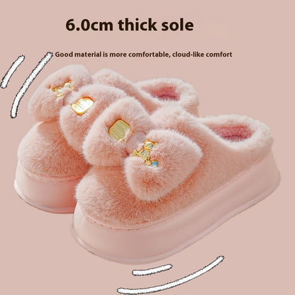 Women's Winter Bowknot Plush Thick-Soled Cotton Slippers