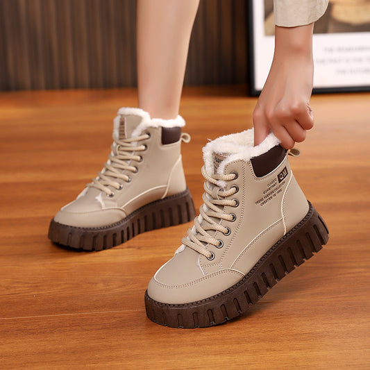 Women's Lace-Up Snow Boots – Winter Warm Fleece Flat Shoes, Fashion Casual Plush Ankle Boots