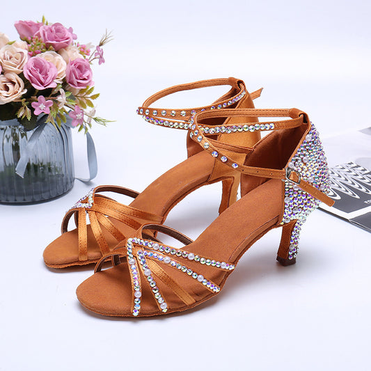 Rhinestone Pearl Satin Latin Dance Shoes for Women