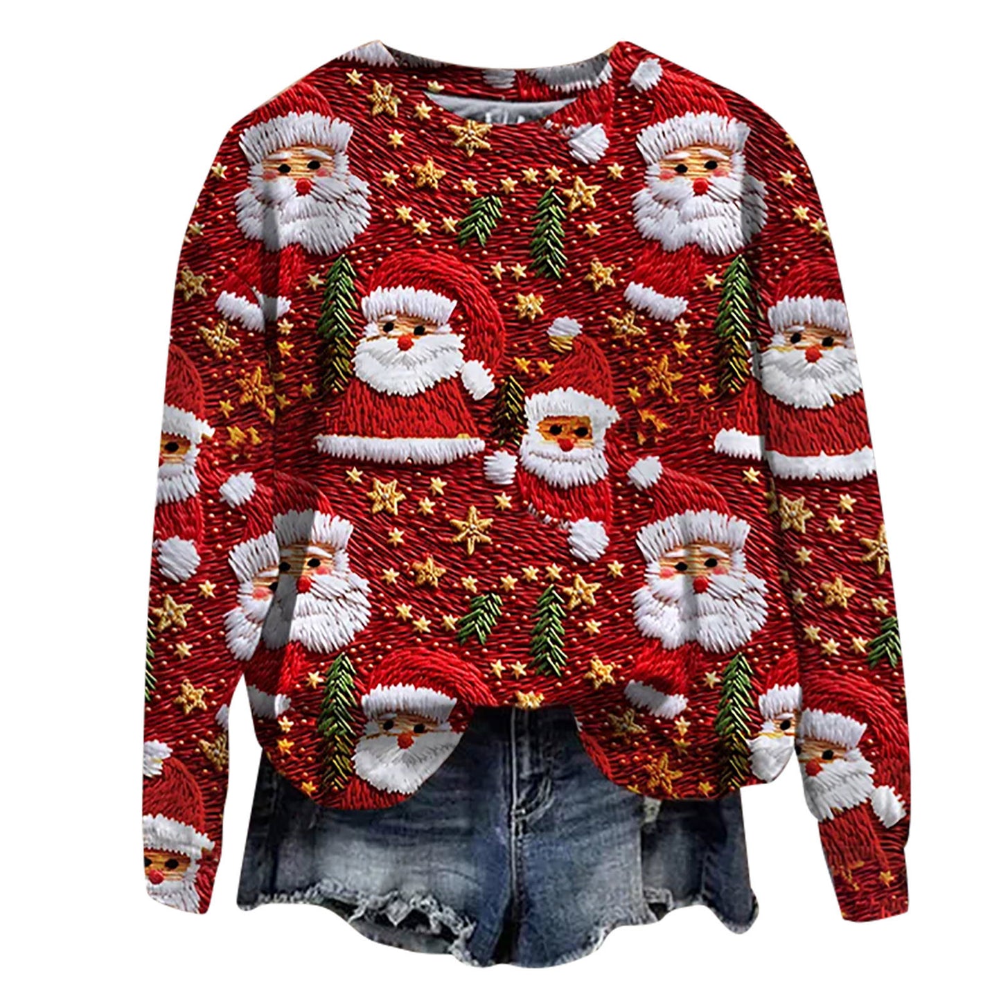 Autumn And Winter 3D Digital Printing Christmas Round Neck Top