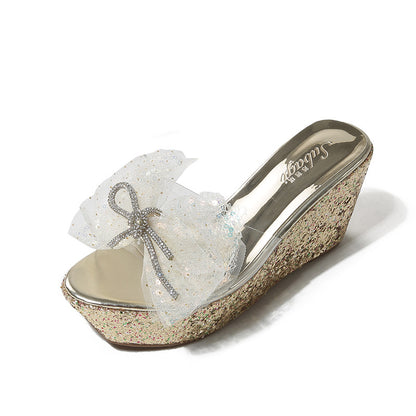 Rhinestone-Adorned Platform Wedge Sandals with High Heels and Bow Accent