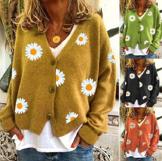 Women's Single Breasted Sweater Chrysanthemum Embroidered Cardigans Coat