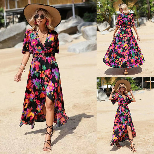 Summer New Short Sleeve V-neck Pullover Irregular Beach Dress