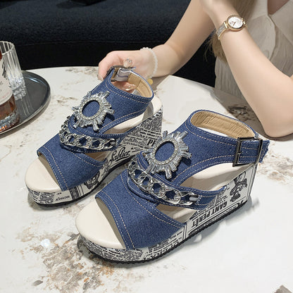 Fashionable Wedge Denim Sandals with Round Toe, Peep Toe, and Rhinestone High Heels – Comfortable and Stylish