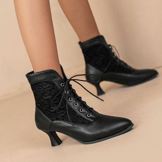 Women's Kitten Heel Booties with Lace Hollow-out Front and Lace-up Design - Perfect for Autumn and Winter